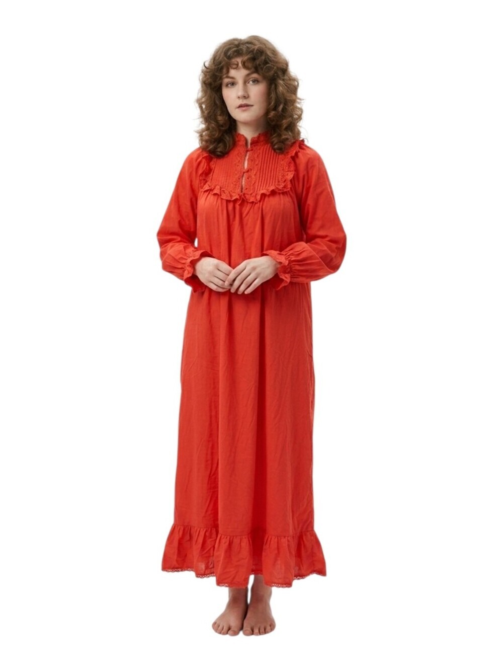Vintage Orange Long Sleeve Victorian Nightgown Ruffle Cottagecore Size M/L